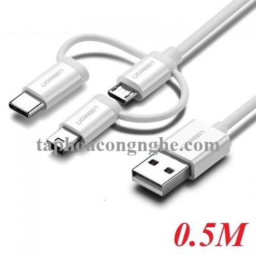 Ugreen 40766 0.5m màu Bạc Cáp dữ liệu USB 3trong1 micro + lightning + mini USB + truyền dữ liệu từ máy tính ra điện thoại US185 30040766